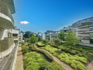 Quartier moderne avec jardins luxuriants architecture durable en verre et béton sous ciel bleu clair