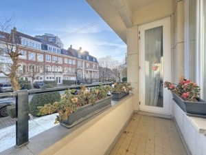 Balcon lumineux avec fleurs vue paisible sur rue en pierre sous ciel bleu clair