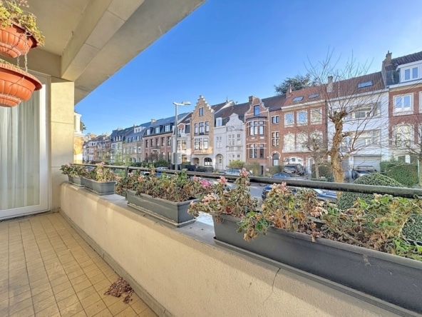 Balcon ensoleillé avec plantes vue sur rue colorée ambiance paisible et conviviale