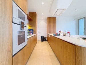 Cuisine moderne lumineuse en bois clair avec appareils intégrés et vaste plan de travail