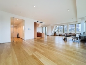 Intérieur moderne lumineux avec vue panoramique mobilier élégant sols en bois et grande lumière naturelle