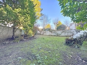 Jardin paisible ensoleillé avec arbre terrasse en pierre mur mossé et espace naturel relaxant