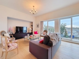 Salon contemporain lumineux avec grands fenêtres canapé sombre fauteuils floraux et décoration élégante