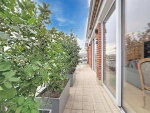 Balcon serein avec planters luxuriants vue sur le ciel et grandes fenêtres en verre