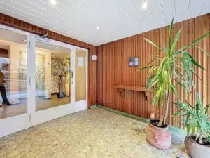 Entrée moderne en bois, lumière naturelle, plantes vertes, ambiance chaleureuse et accueillante.