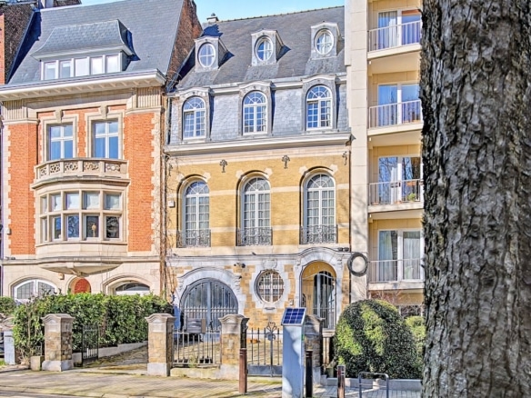 Rue parisienne pittoresque avec bâtiments colorés, balcons en fer forgé et arbres matures.
