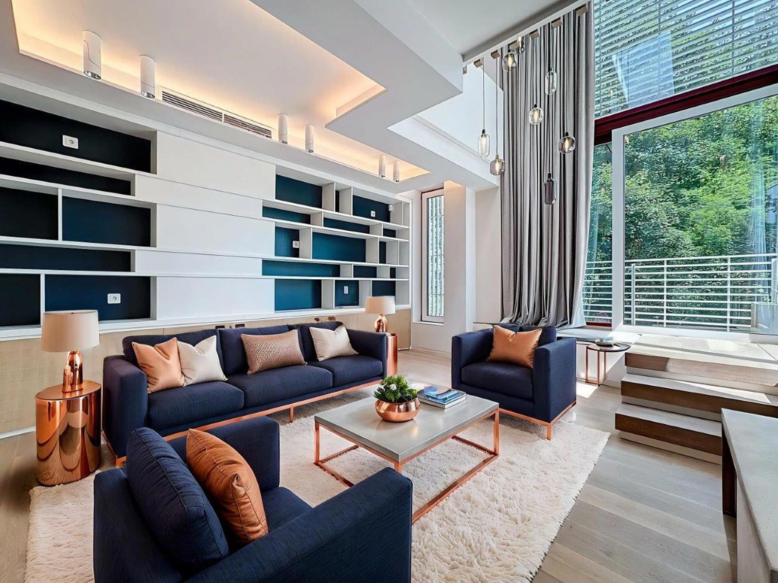 Modern living room with bay windows - You Real Estate Agency Salon moderne double hauteur avec baies vitrées, canapé bleu marine et bibliothèque intégrée