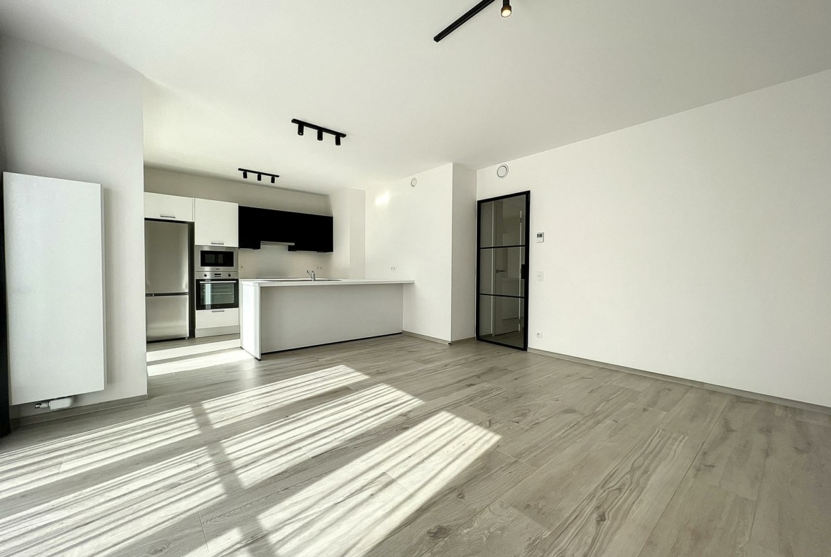 Séjour lumineux avec cuisine ouverte moderne équipée et sol gris effet bois