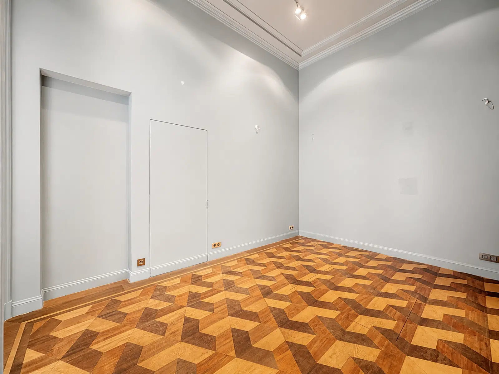 whise photo 7 Empty room with gray walls, white baseboards, and a geometric wood parquet floor; two white doors on the left wall and ceiling track lighting above.