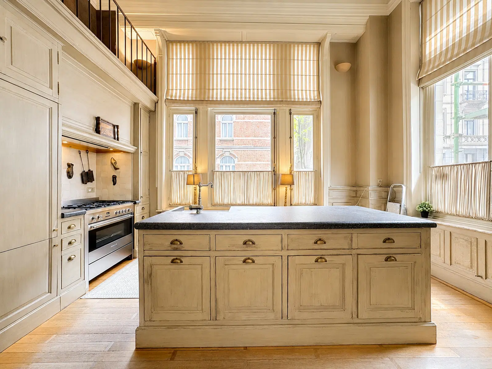 whise photo 4 Bright vintage kitchen with cream wood cabinets, a central island, and striped window shades.