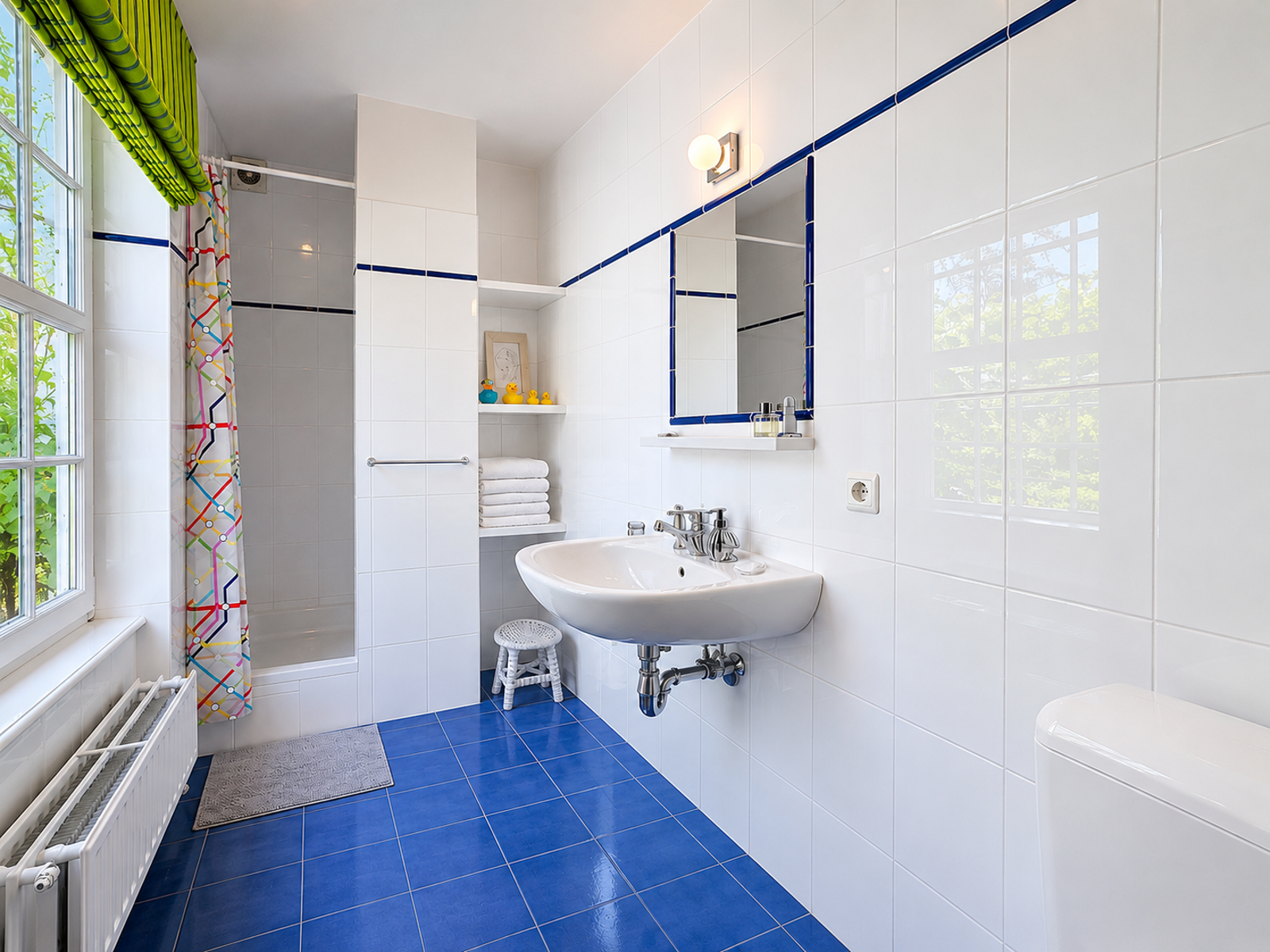Salle de Bains Lumineuse et Bleue – You Real Estate Agency Salle de bains lumineuse d’appartement avec carrelage bleu, douche et rangements intégrés.