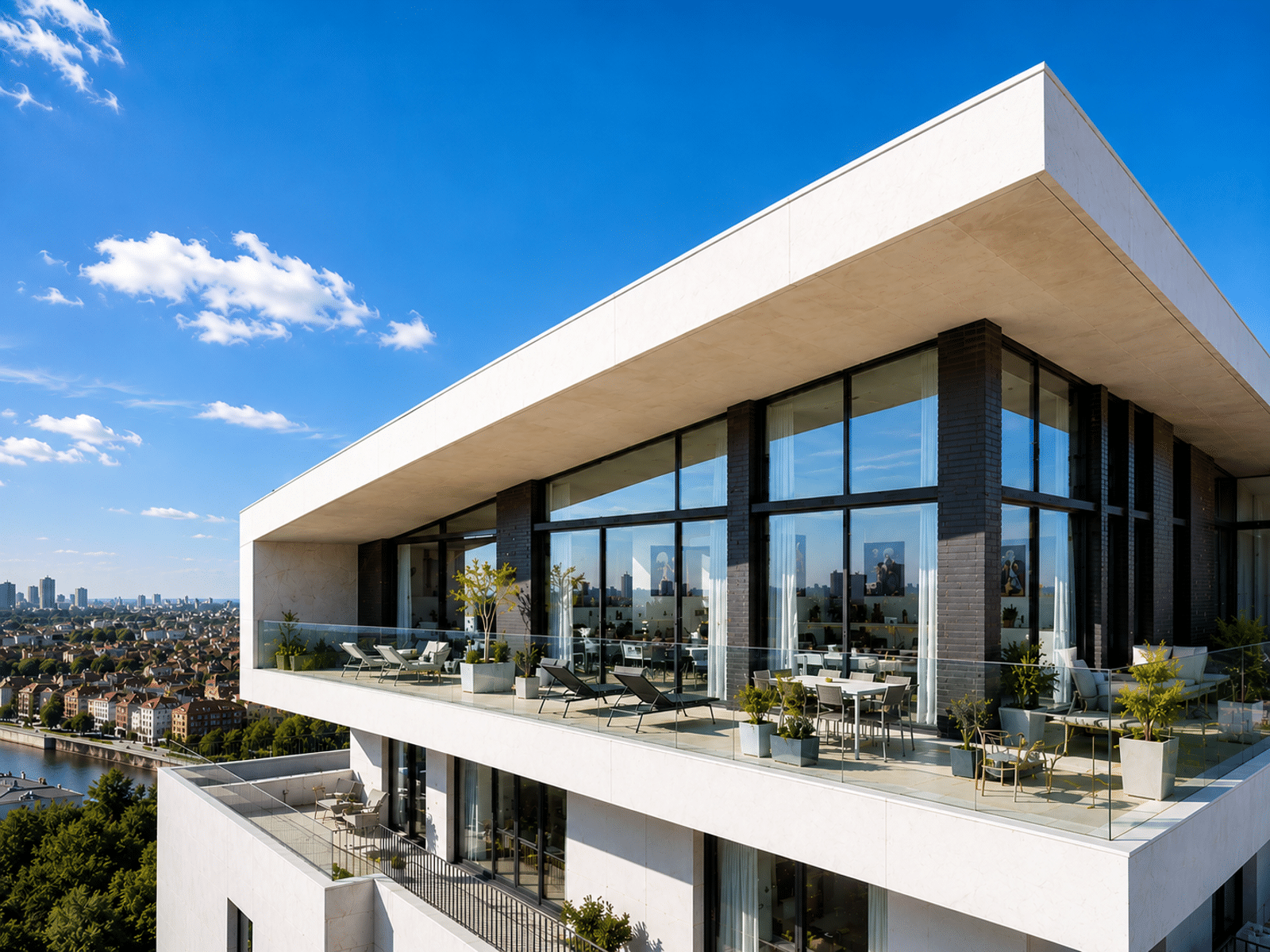 whise photo 16 Modern white, glass-walled building with outdoor terraces and plants, overlooking a cityscape.