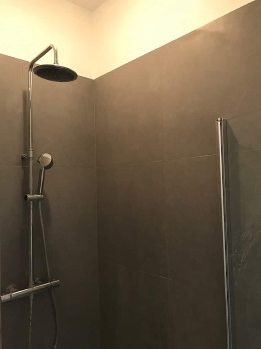 whise photo 9 Shower area with a large round rain showerhead and a handheld shower on gray tiled walls, glass door on the right.