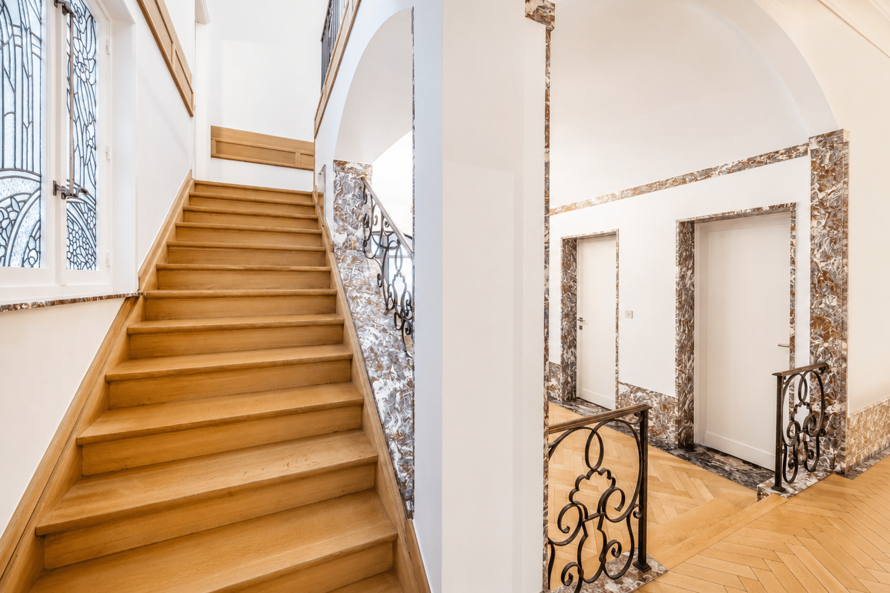 whise photo 17 Split view: left shows a wooden staircase with decorative railing and stained-glass window; right shows a marble-trimmed hallway with arches and doors.