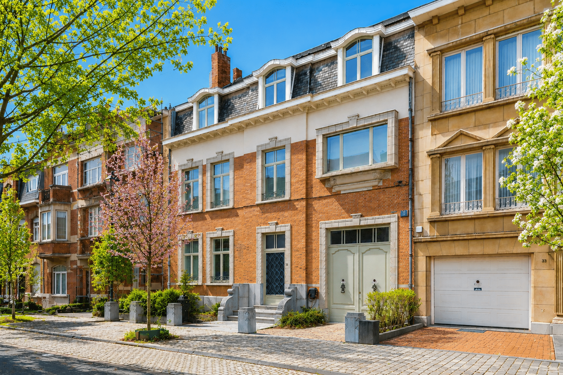 whise photo 2 Row of brick and beige townhouses along a cobblestone street with green trees and blue sky.