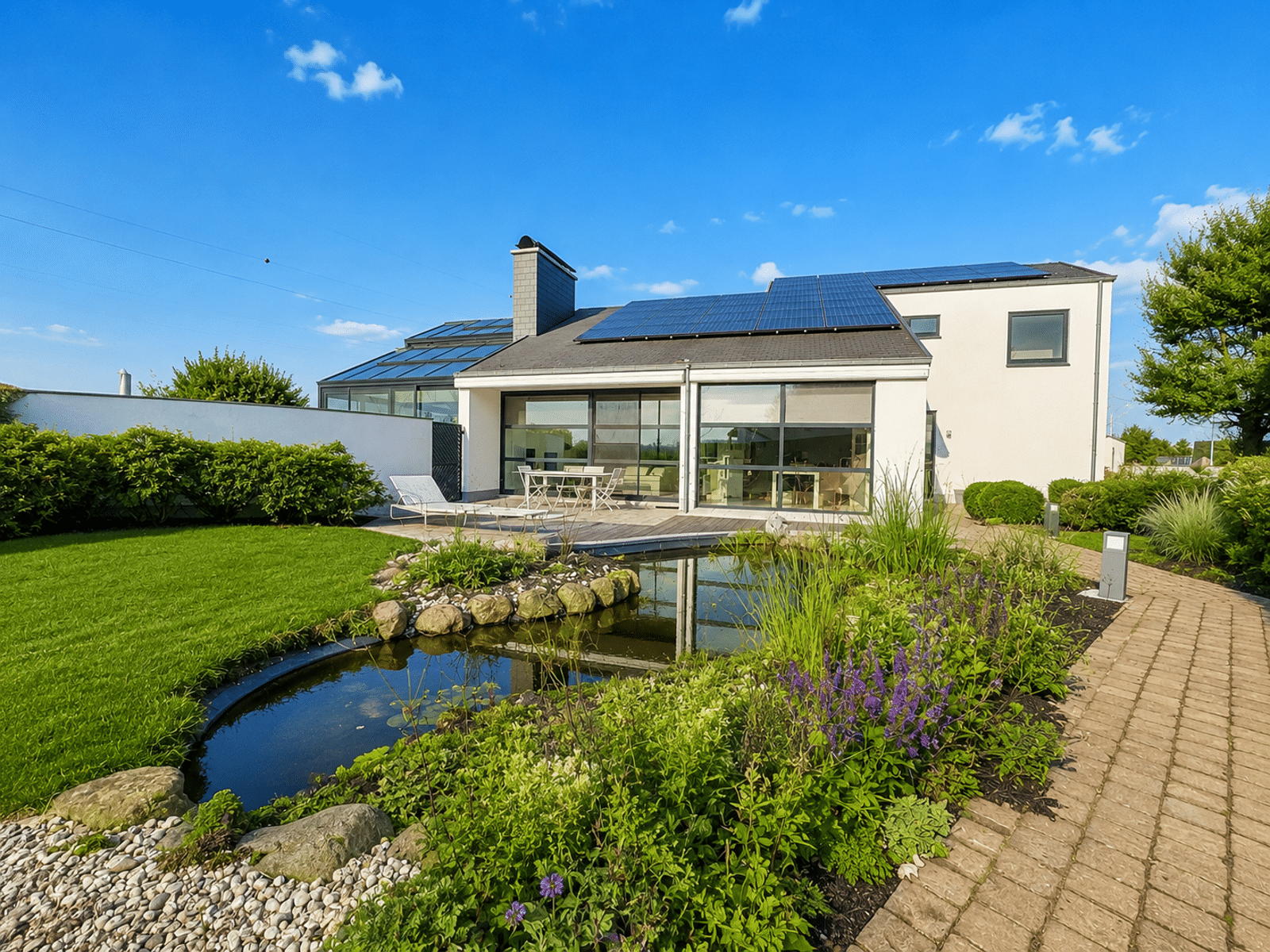 Maison Moderne avec Jardin – You Real Estate Agency Maison moderne avec terrasse, jardin paysager, bassin et panneaux solaires.
