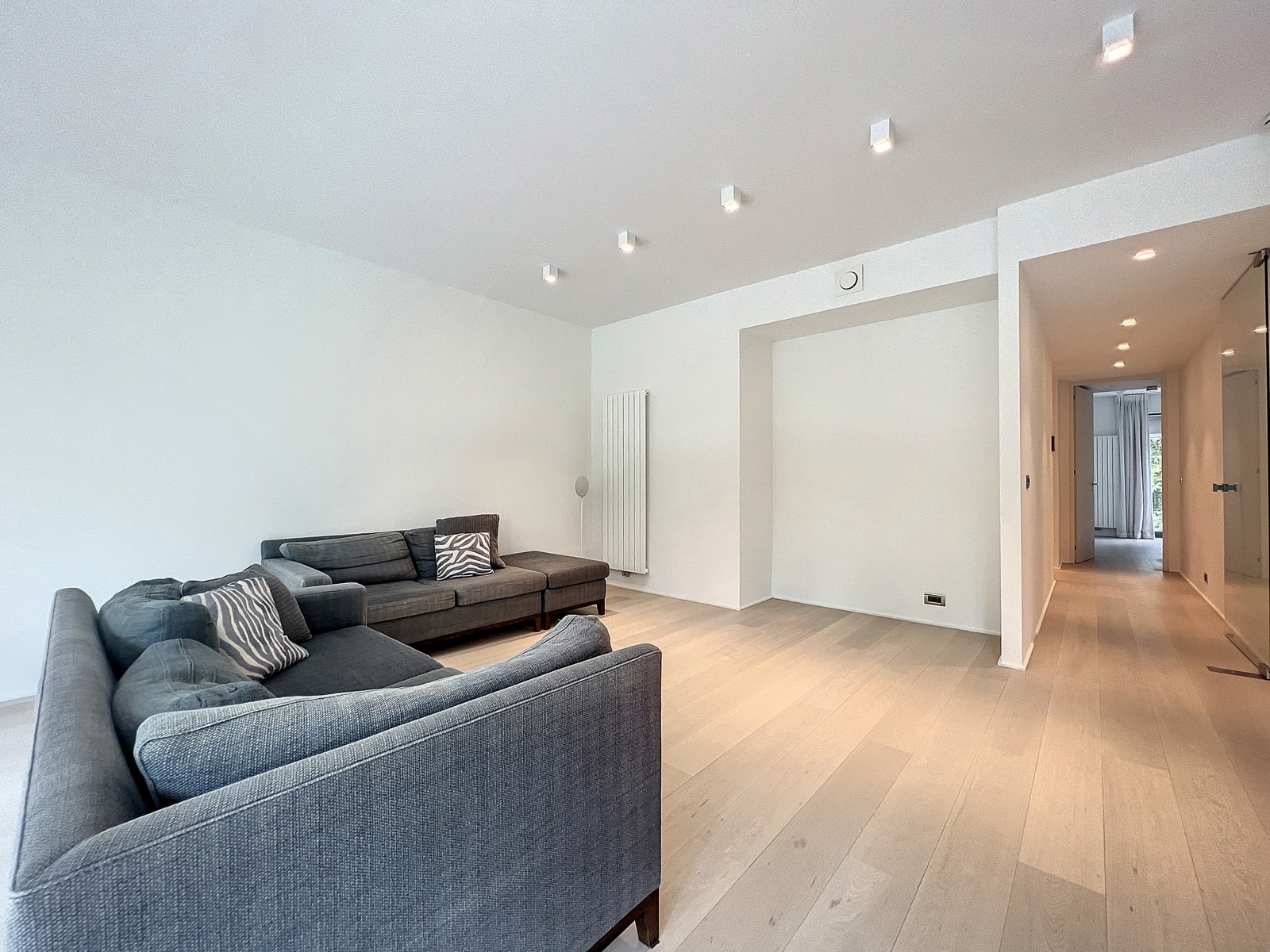 whise photo 9 Bright minimalist living room with a gray L-shaped sofa, light wood floor, and a hallway to the right.