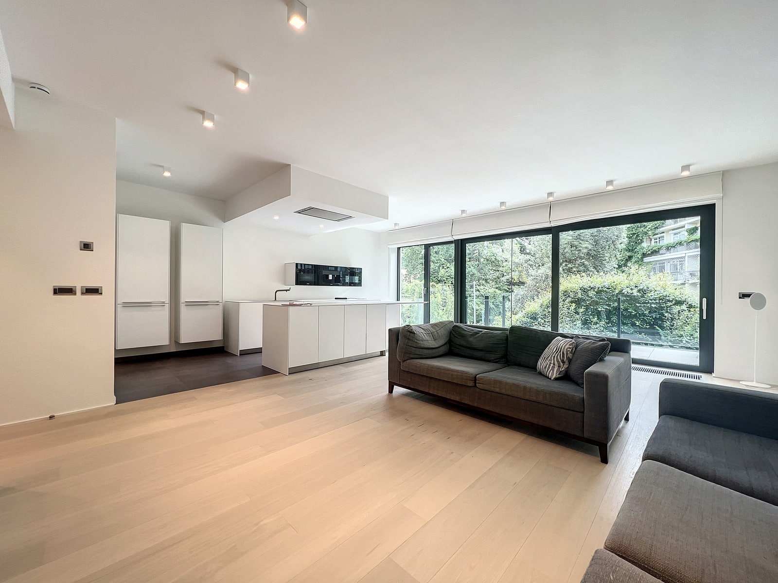whise photo 11 Open-concept living area with a white kitchen island, sleek white cabinets, and large glass sliding doors opening to a green outdoor space.