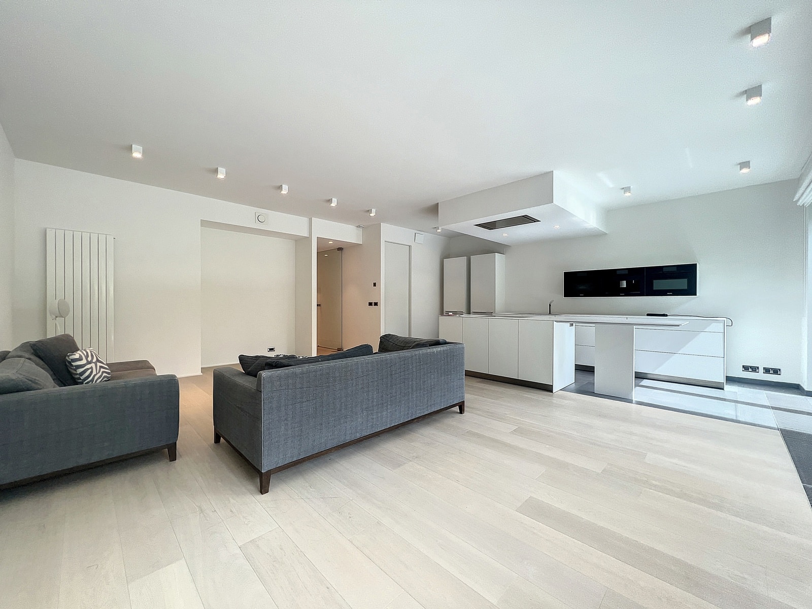 whise photo 8 Open-plan living room and kitchen with white cabinets, a gray sofa set, and light wooden flooring under recessed ceiling lights.