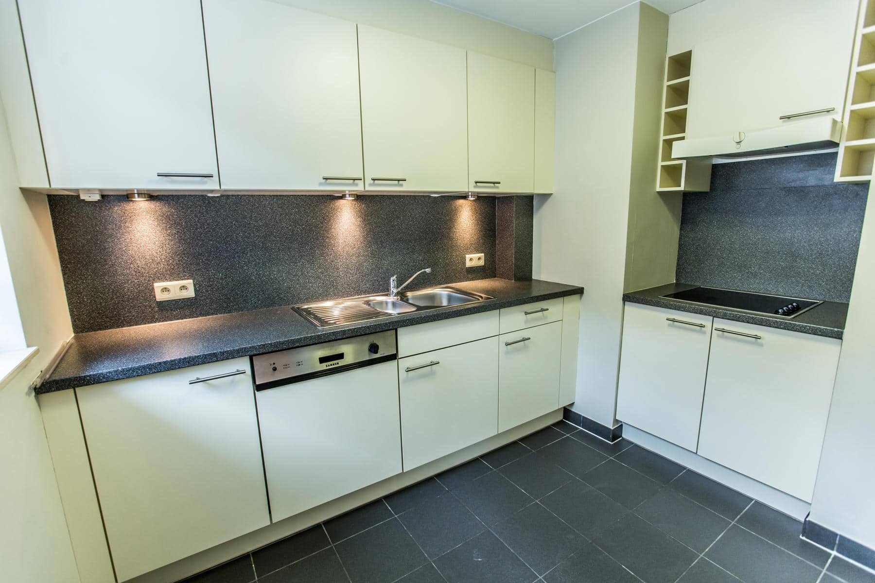 whise photo 5 Modern L-shaped kitchen with white cabinets, dark speckled counters, and under-cabinet lighting over a double sink and dishwasher.