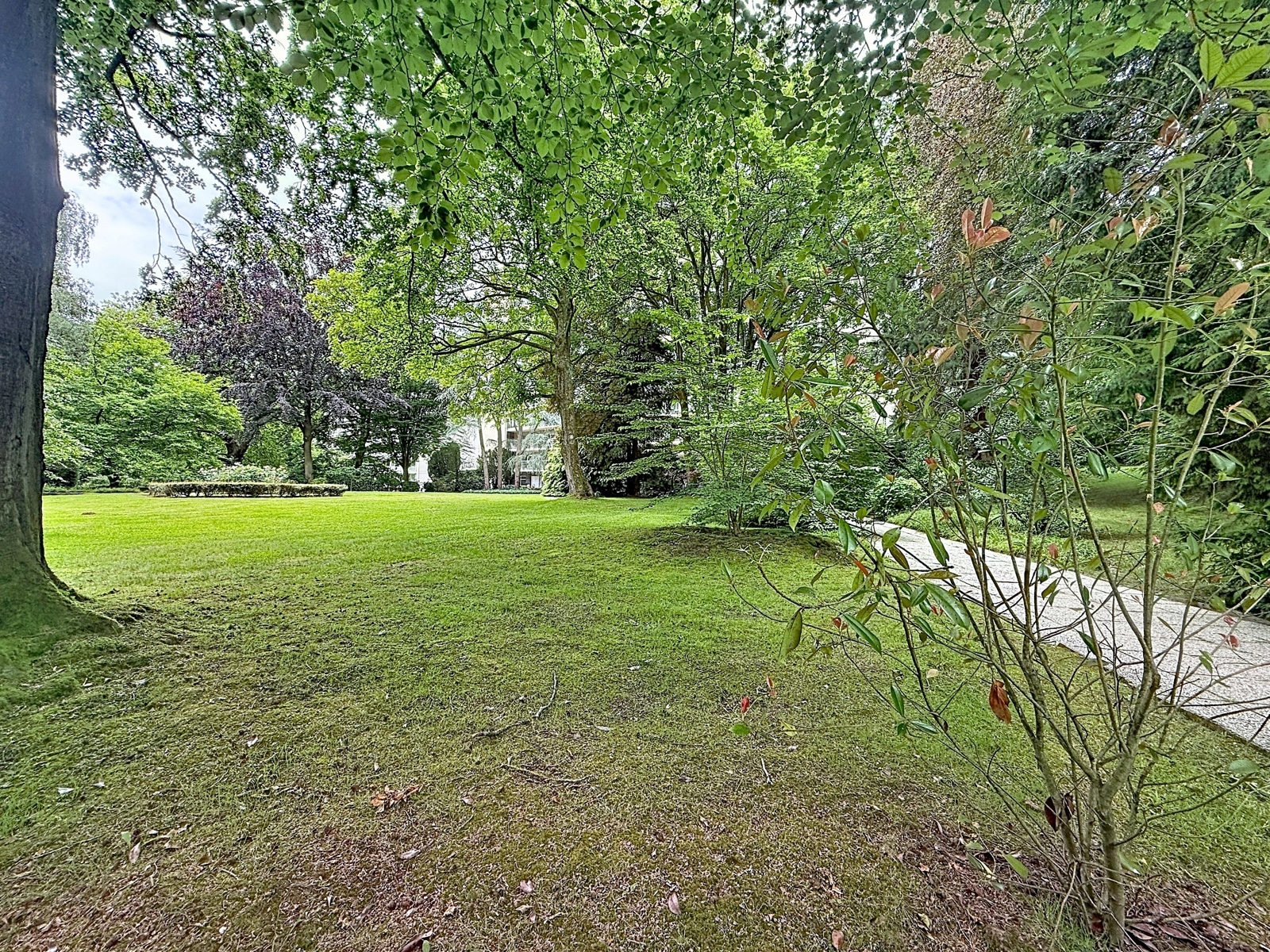 Grote landschapstuin met bomen – You Real Estate Agency Grote aangelegde tuin met gazon en volgroeide bomen rondom een huis.