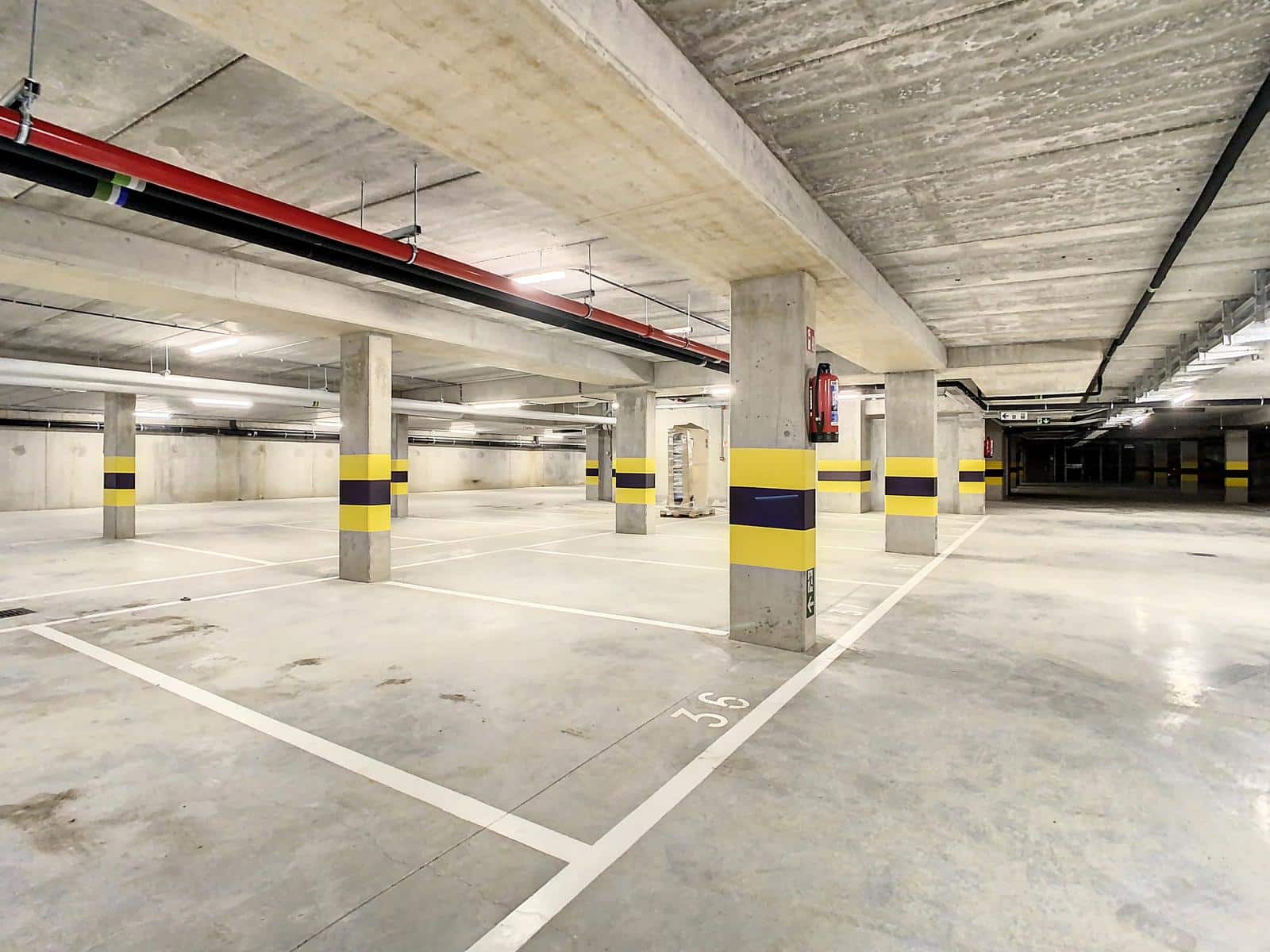 whise photo 14 An empty underground parking garage with concrete pillars wrapped in yellow and purple stripes and white parking lines; space 36 is visible.