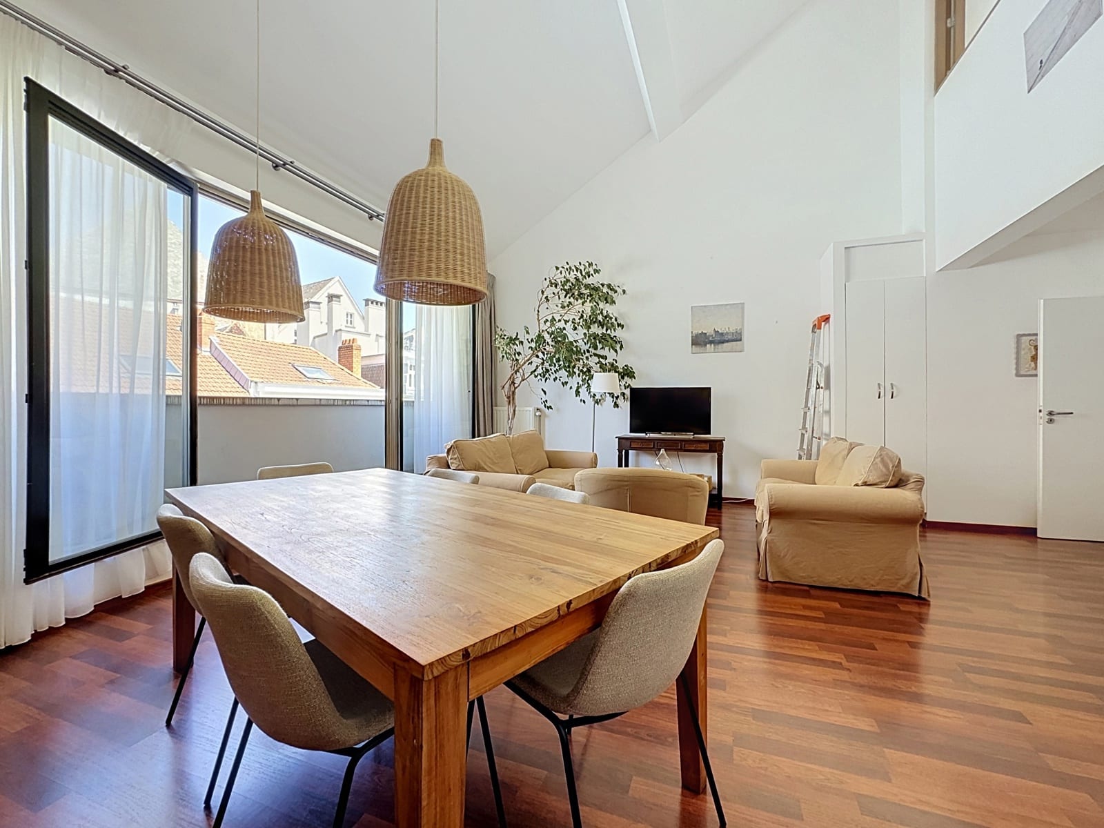 whise photo 6 Bright open-plan living and dining room with a solid wood dining table, beige chairs, wicker pendant lamps, large glass doors, and a TV area with a plant in the corner.