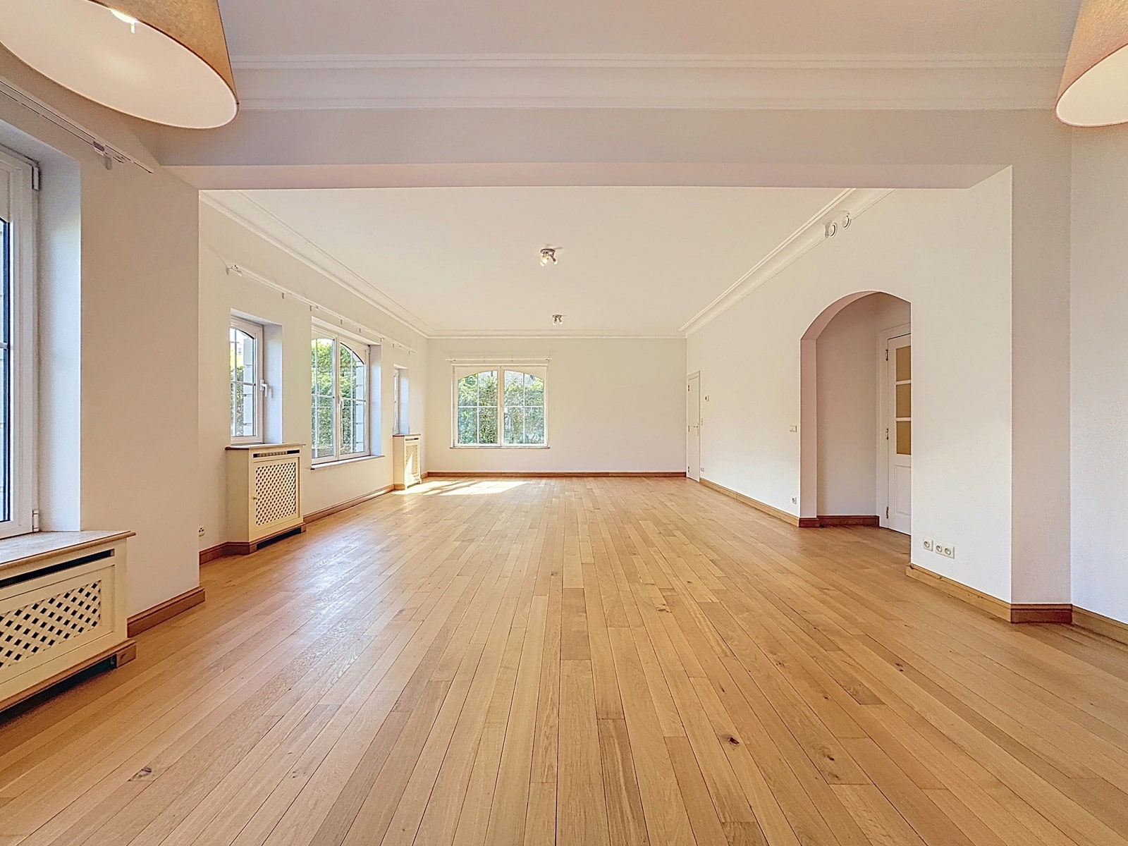 Salon Lumineux Avec Parquet Clair – You Real Estate Agency Bright, empty room with light wood floor, large windows, and white walls; minimal furnishings and arch doorway on the right.
