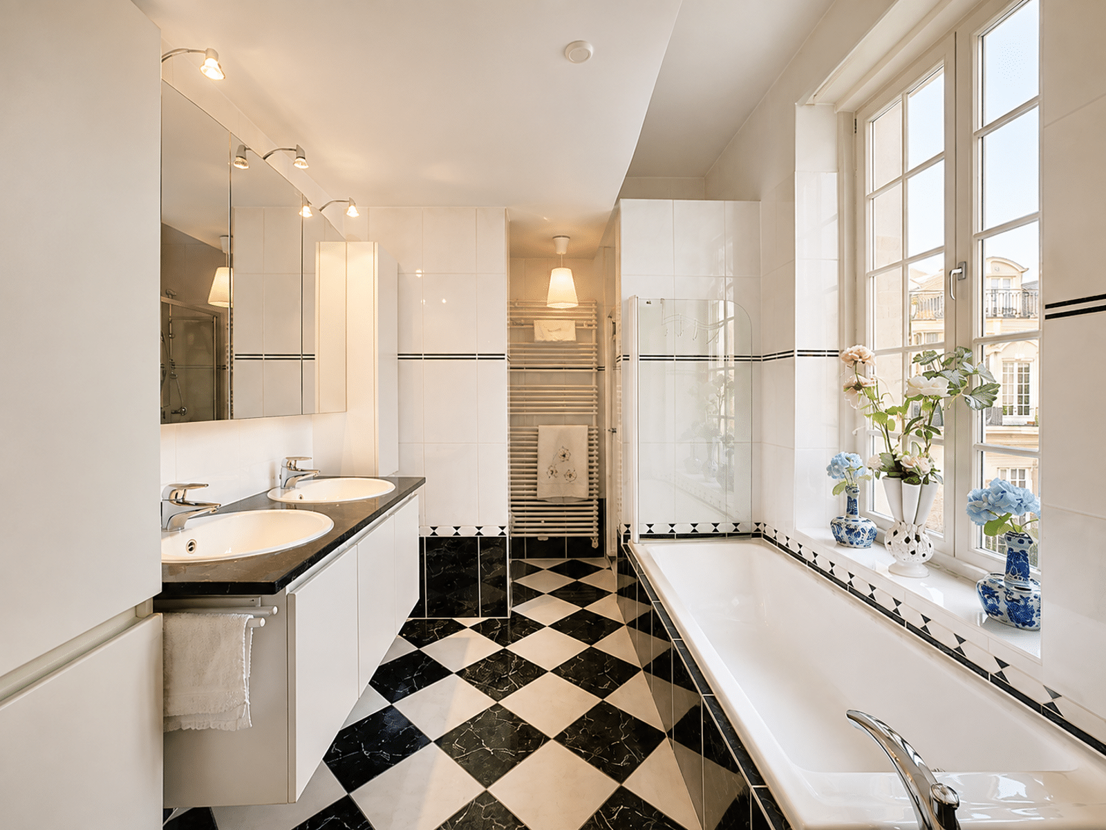 Bright bathroom with bath - You Real Estate Agency Bright apartment bathroom with a double sink, bathtub, and checkerboard-patterned floor.