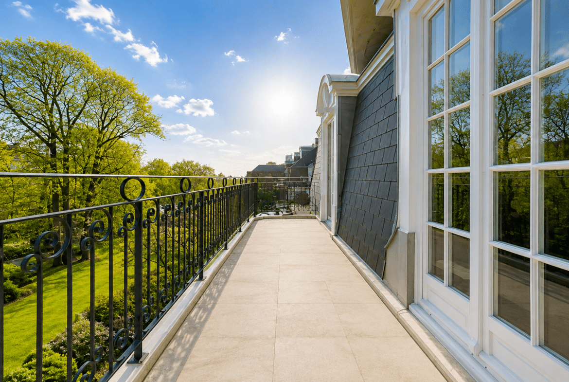 A balcony with an ornate black railing overlooking green trees and a bright blue sky, with tall windows reflecting the outdoors.