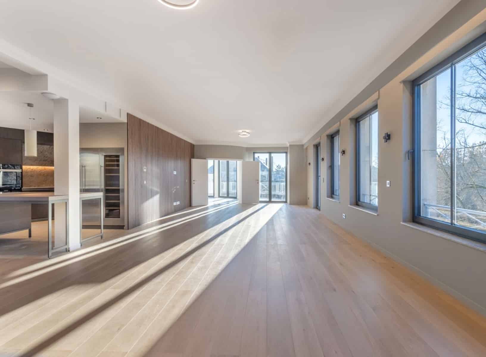 whise photo 9 Spacious open-plan living area with large windows, light wood floors, and a partial kitchen on the left bathed in natural sunlight