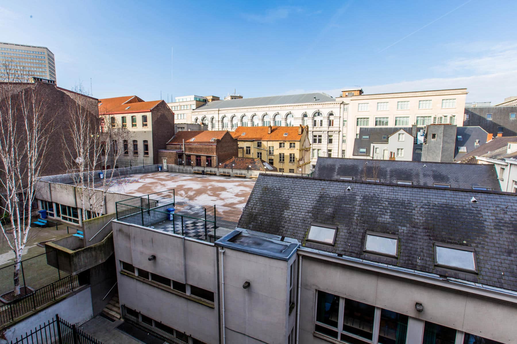 whise photo 8 A view of a city courtyard surrounded by buildings made of a mix of brick and stone under a clear blue sky, with leafless trees in the foreground and modern windows.