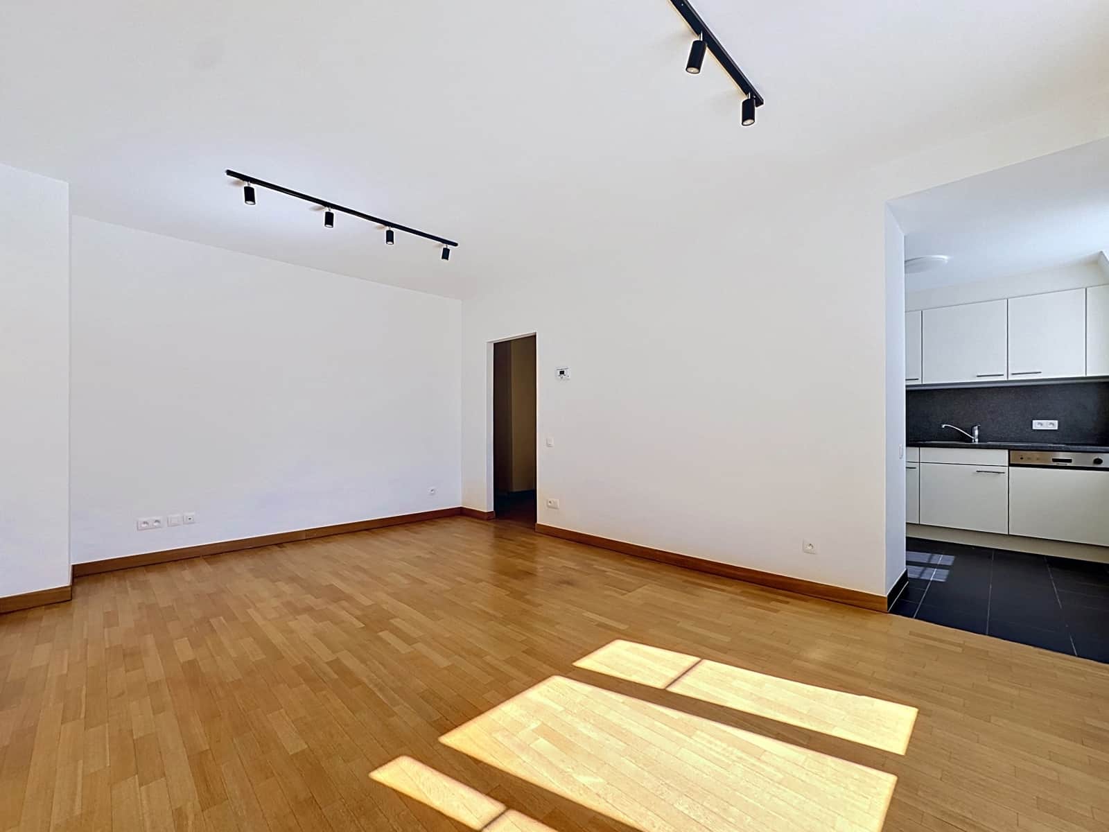 whise photo 3 A sunlit open-concept living room with white walls, light wood flooring, and track lighting; a doorway leading to a hallway and a modern kitchen visible on the right.