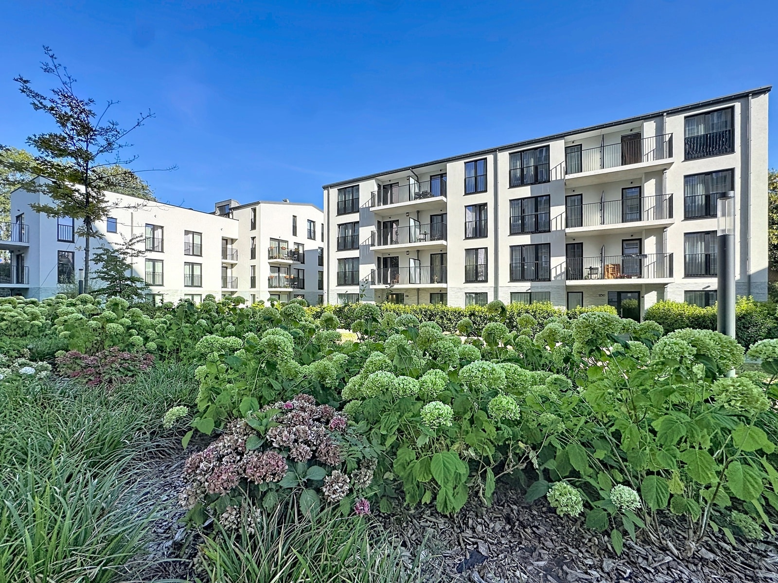 Modern Residence with Landscaped Garden – You Real Estate Agency Modern residential complex with apartments, balconies, and a landscaped garden.