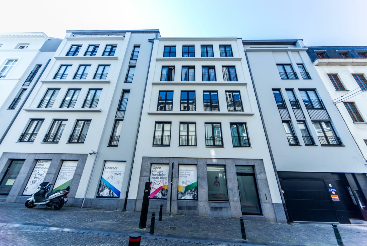 Façades d’immeubles rénovés avec commerces et appartements en centre-ville.