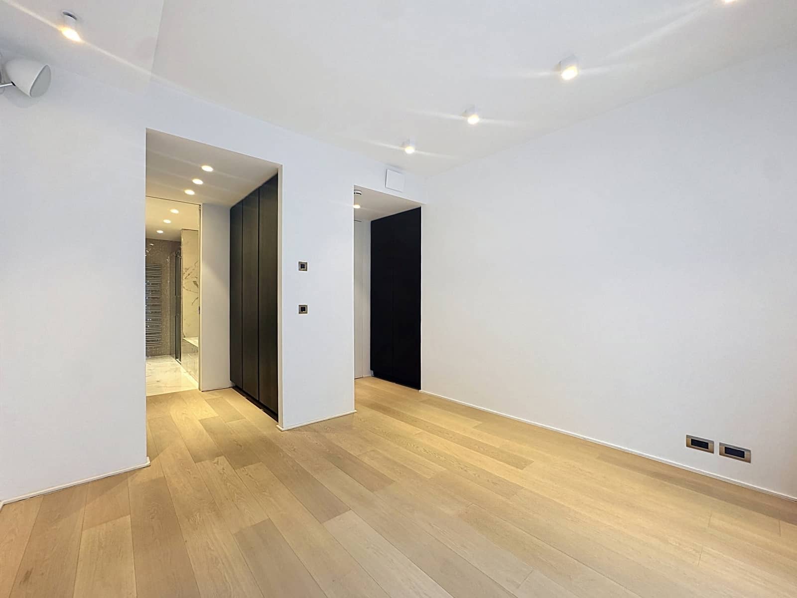 Bright modern living room - You Real Estate Agency Modern, empty living room with light-colored hardwood floors, recessed spotlights, and built-in storage in an apartment.