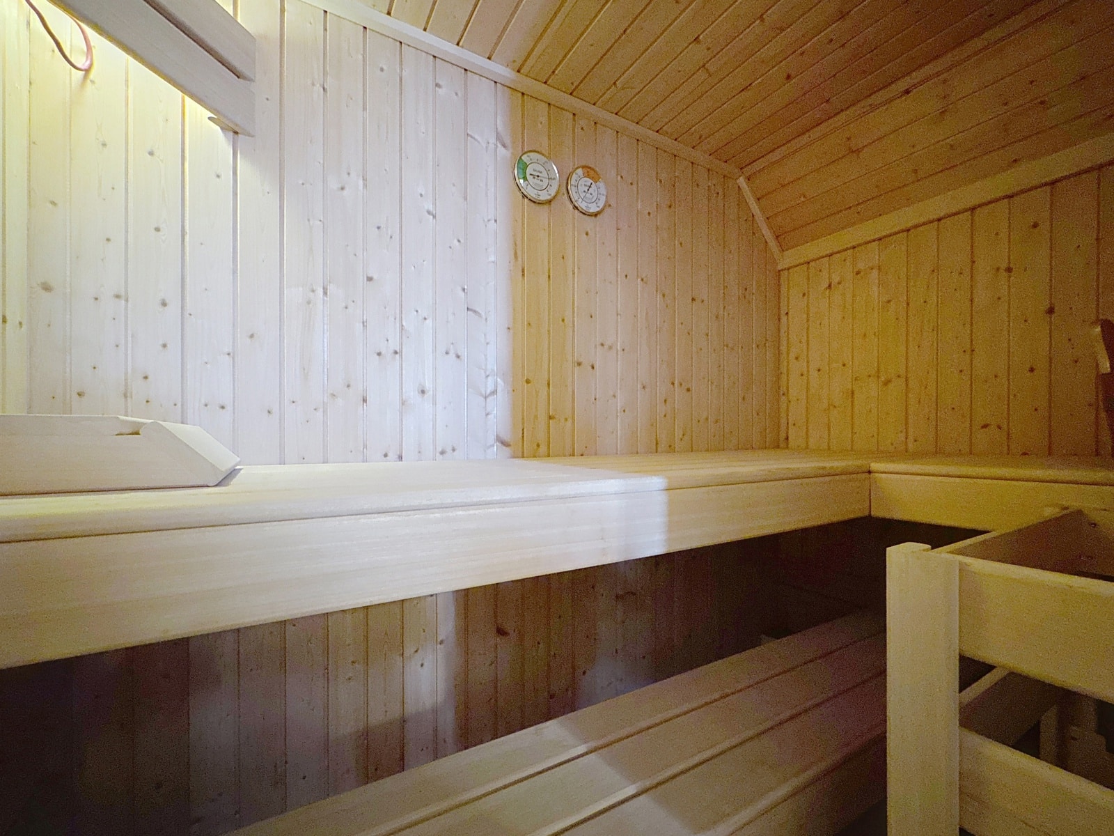 whise photo 24 Wooden sauna interior with multiple tiered benches and natural plywood walls; two round gauges mounted on the wall.
