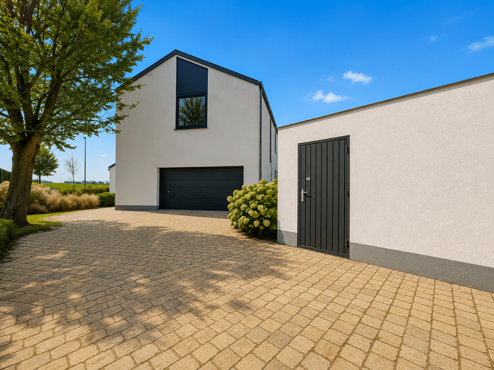 Modern Facade with a Paved Driveway – You Real Estate Agency Contemporary house with a garage, a paved driveway, and a landscaped garden.