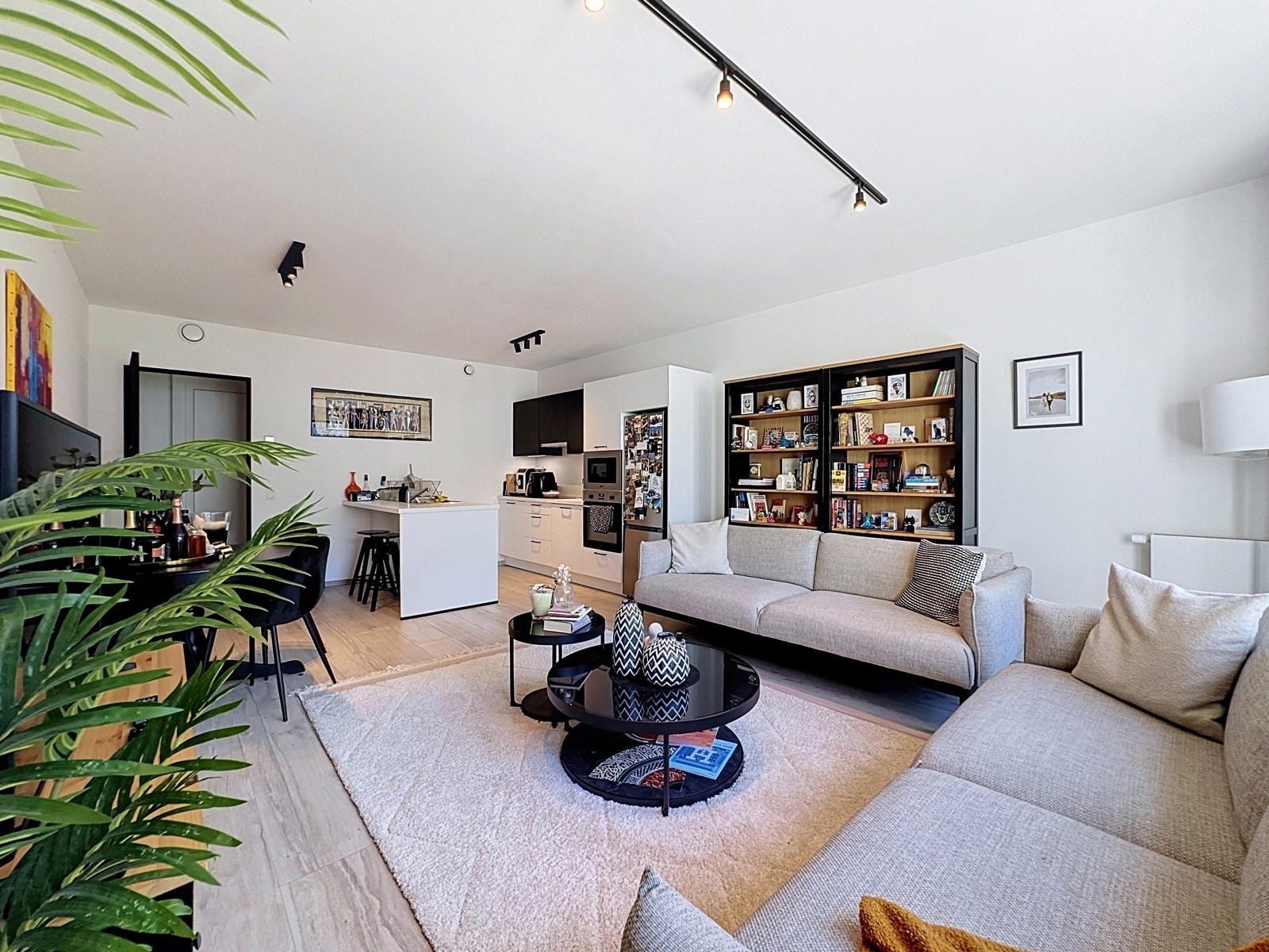 whise photo 5 Open-plan living room with beige sectional sofa, coffee table, and a large bookshelf against the wall; kitchen area in the background and plants in the foreground.
