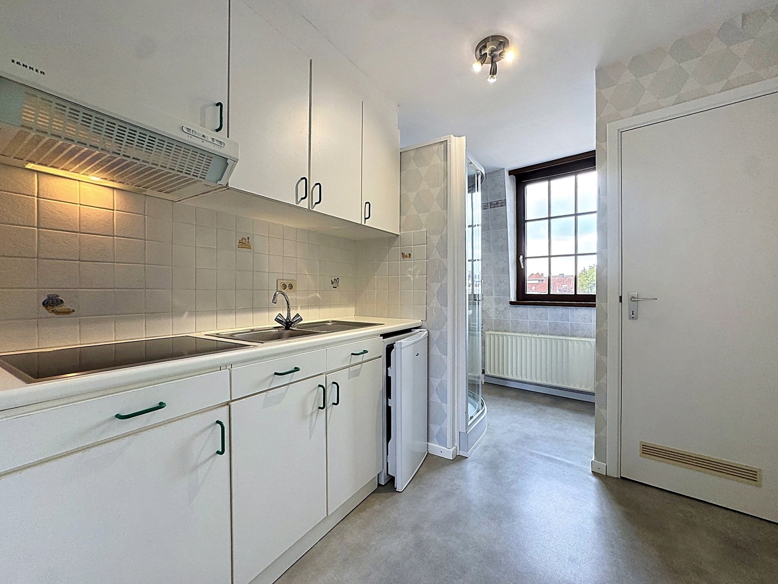 whise photo 20 Bright white kitchen with upper and lower cabinets, induction stovetop, sink, and tiled backsplash; a glass shower enclosure and window at the far end.