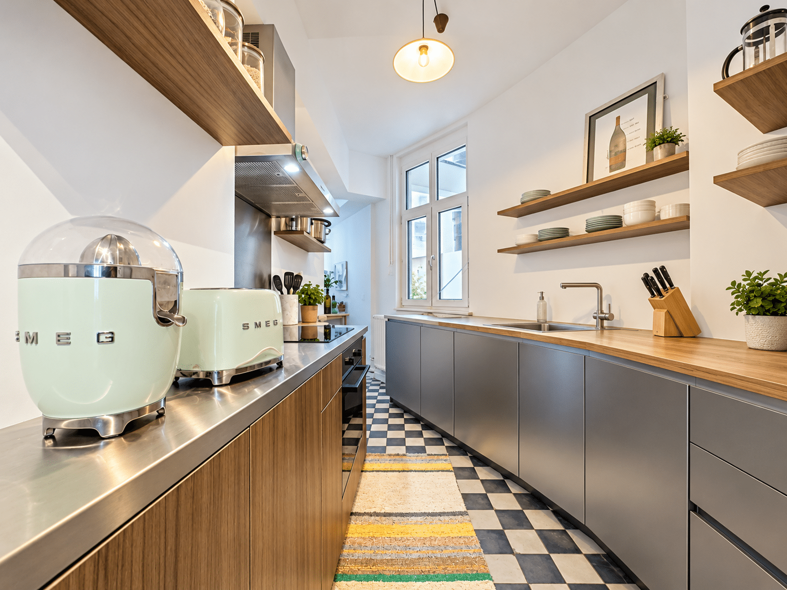 Cuisine Moderne Avec Sol Damier – You Real Estate Agency Cuisine moderne en longueur avec rangements bois et sol damier.
