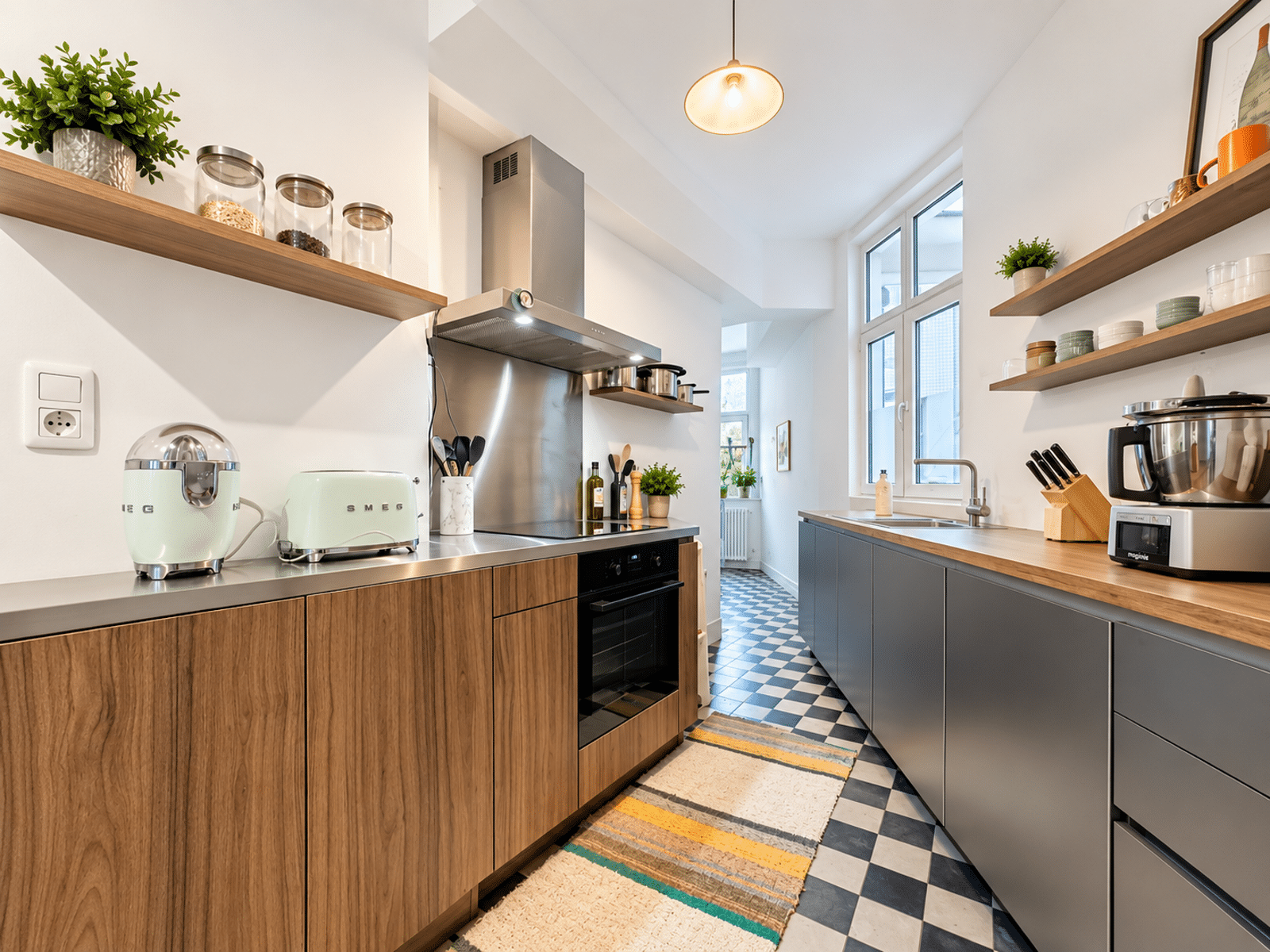 Cuisine Moderne en Couloir – You Real Estate Agency Cuisine moderne d’appartement en couloir avec plans de travail bois et sol damier.