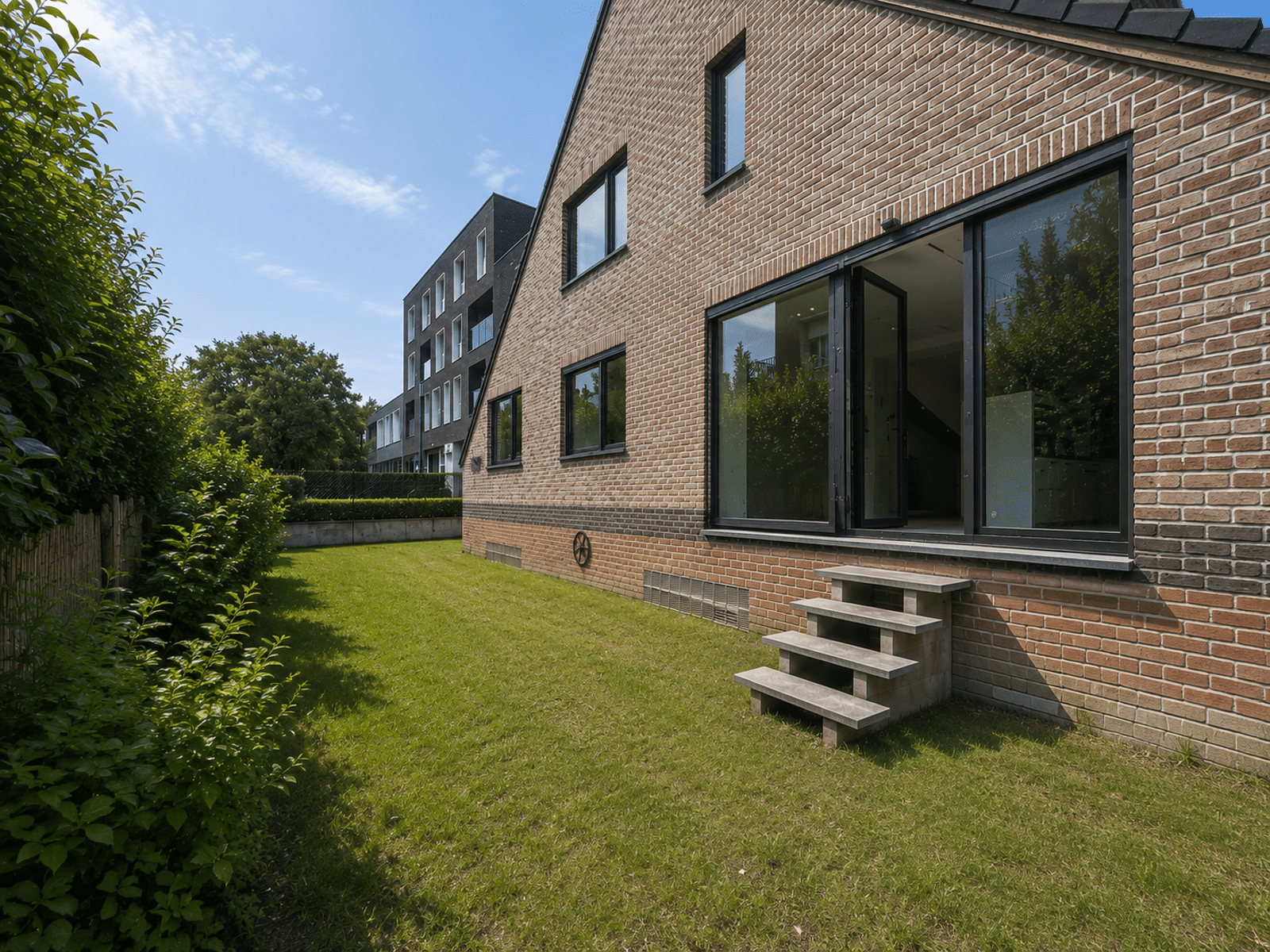 whise photo 2 Brick apartment building with large windows, stairs at ground level, and a green lawn; blue sky above and hedges to the left.
