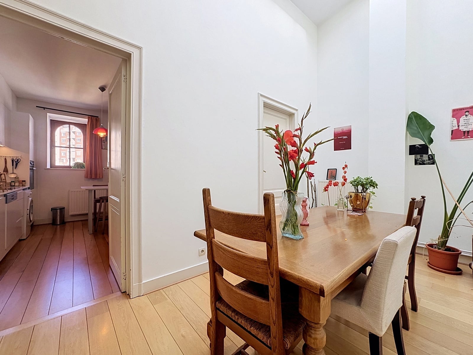 whise photo 8 Dining room with a wooden table and chairs, red flowers in a vase, and potted plants near a white wall; doorway to a bright kitchen on the left.