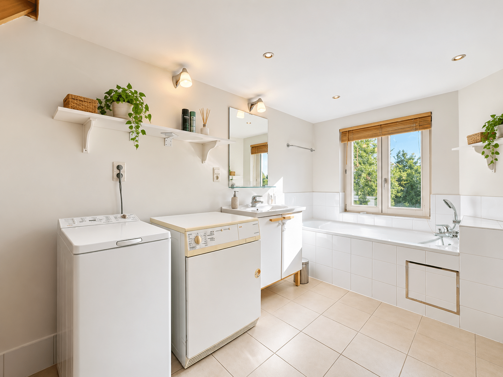 Salle de Bain Lumineuse avec Buanderie – You Real Estate Agency Salle de bain moderne avec buanderie intégrée, baignoire et grande fenêtre lumineuse.