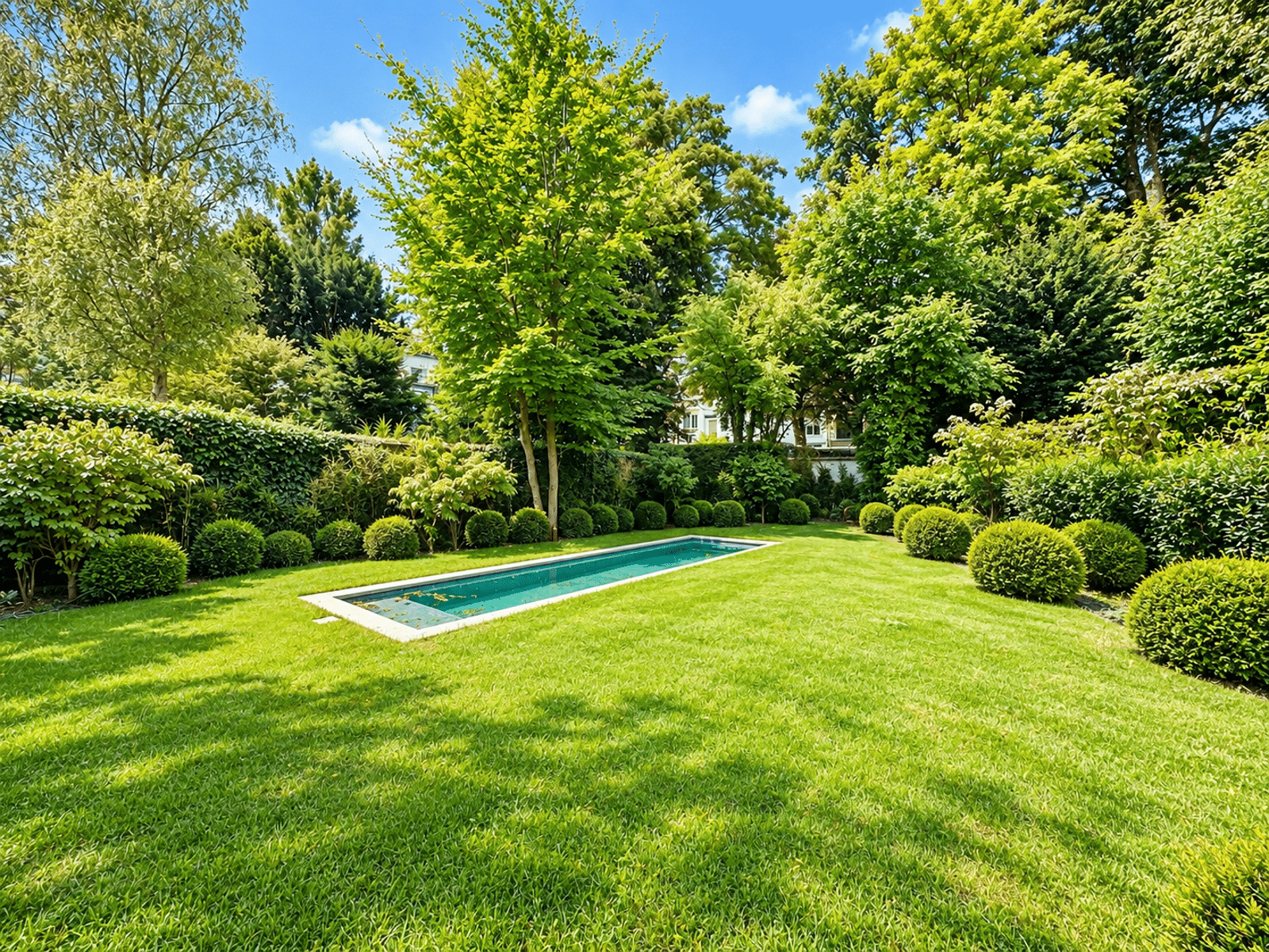 Jardin Paysager avec Bassin – You Real Estate Agency Jardin paysager de maison avec pelouse, bassin rectangulaire et haies.