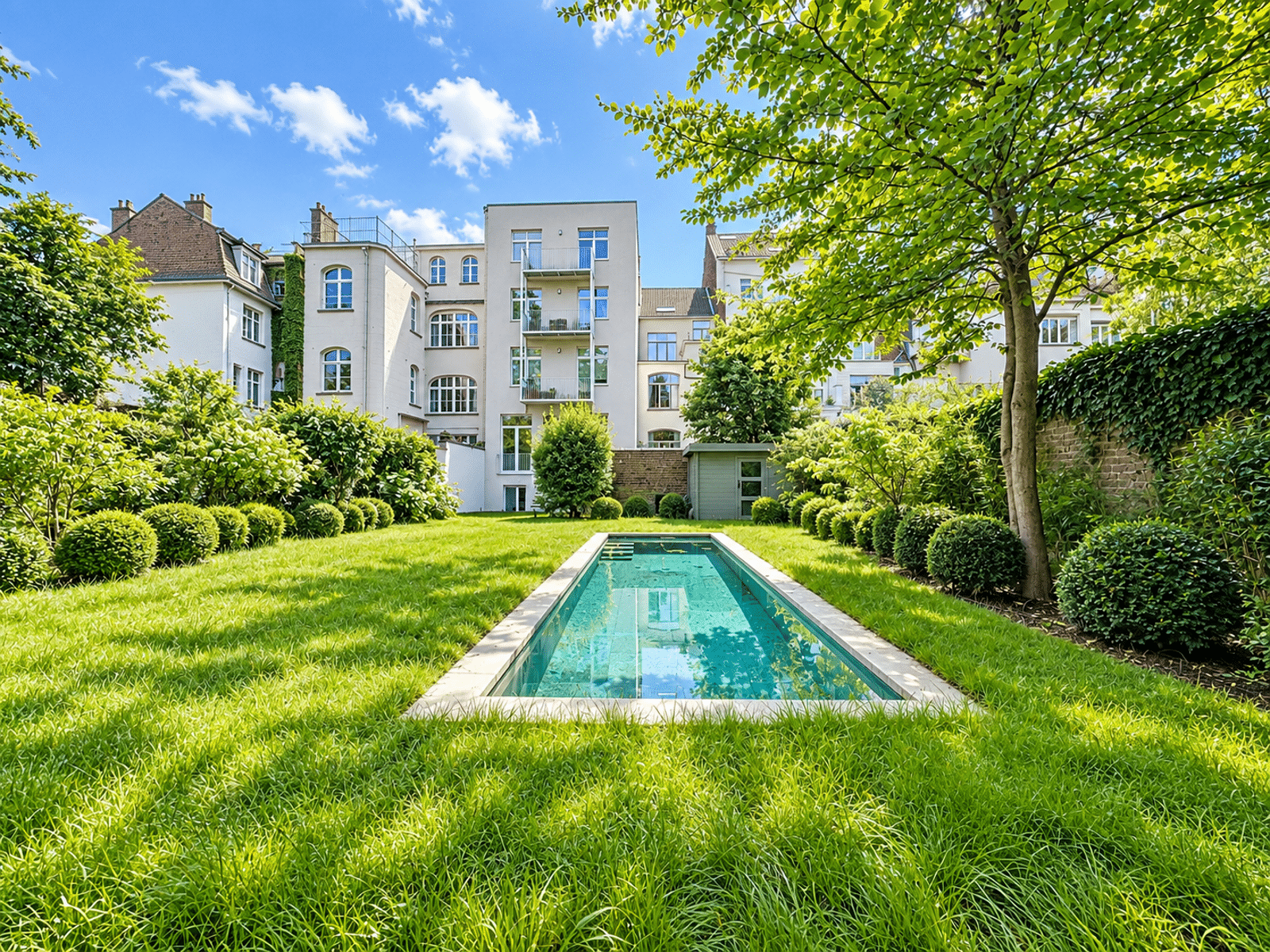 whise photo 19 Urban courtyard with a rectangular pool, manicured lawn, and white apartment buildings in the background.