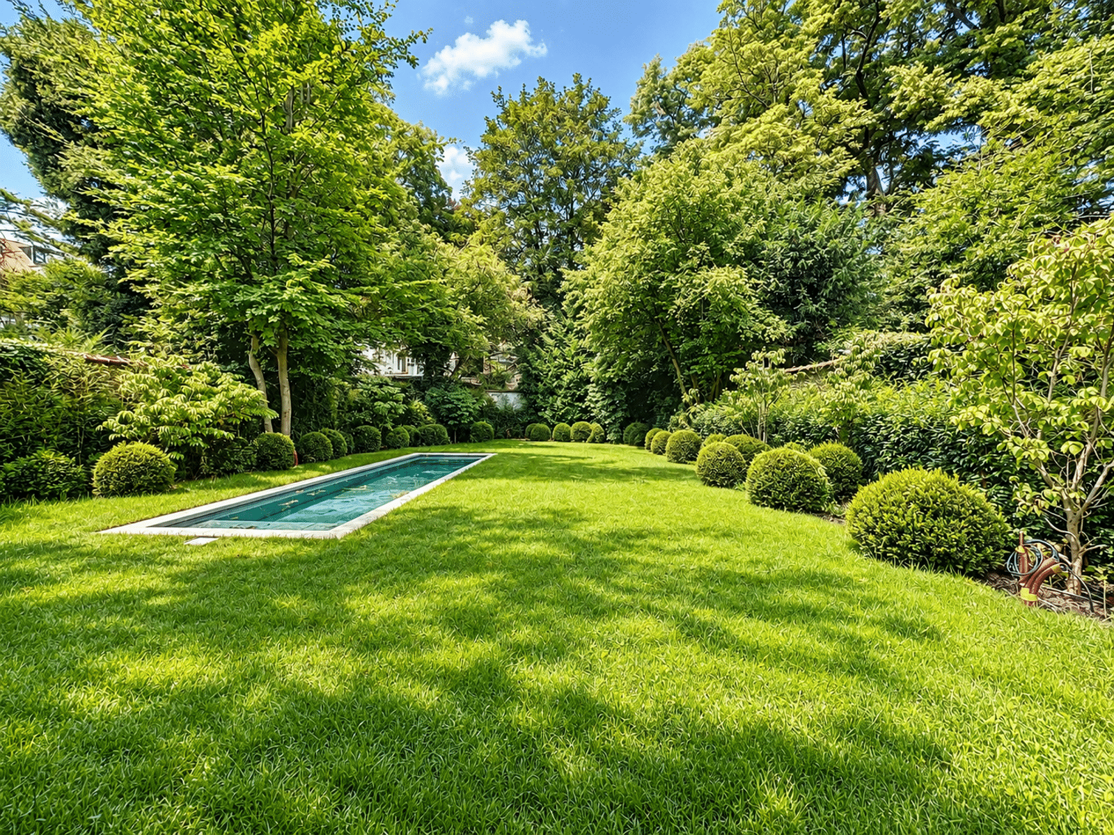 whise photo 18 Rectangular in-ground pool in a lush green backyard with rounded boxwood shrubs and tall trees nearby.