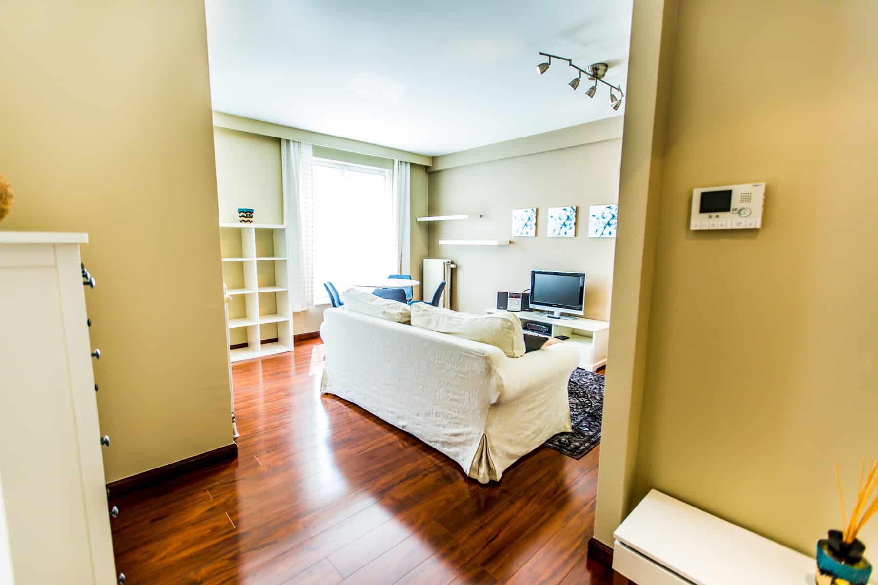 whise photo 3 A bright living room with a white sofa facing the TV, hardwood floors, and a large window that lets in natural light.