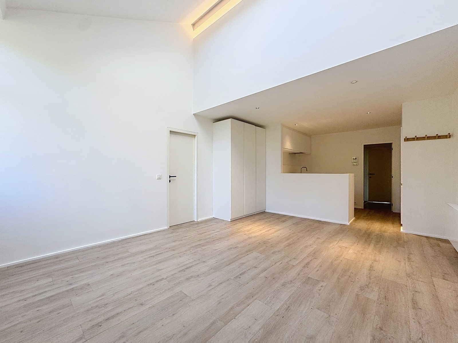 Salon Lumineux avec Cuisine Ouverte – You Real Estate Agency Appartement lumineux avec salon spacieux, cuisine ouverte blanche et parquet clair.
